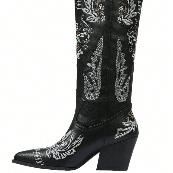 Black Western Women's Cowgirl Boots Pointed Toe Embroidered Thick Heels Knee Hig - Picture 7 of 7